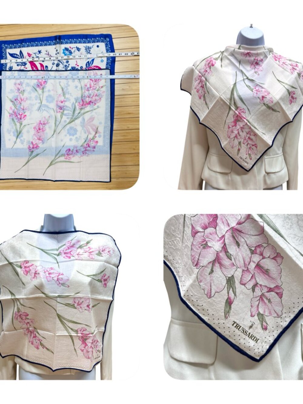2 Neck-Kerchief Silk Trussardi &Wensli 19" - 20.5" White pink blue floral (30) - Picture 7 of 15